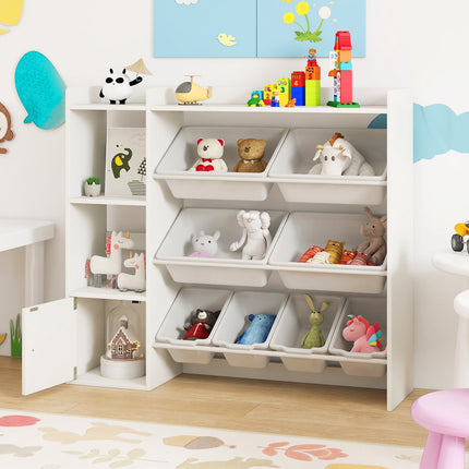 Kids Toy Storage and Bookshelf with Open Shelves and Single-door Cabinet
