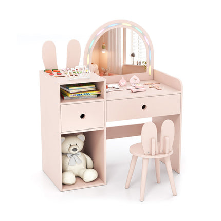Kids Vanity Desk and Chair Set with Lights Open Shelves