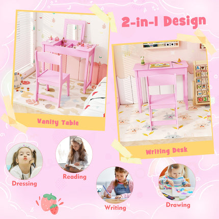 2-in-1 Kids Vanity Makeup Table and Chair Set with Flip Top Mirror