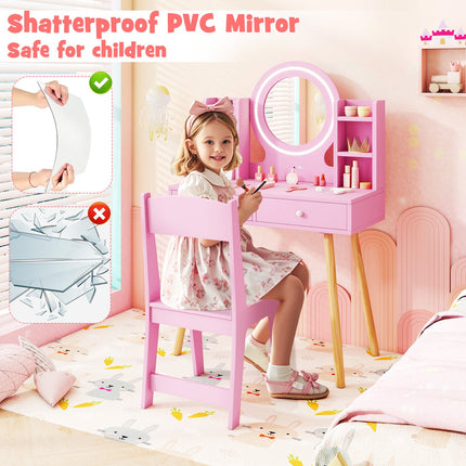Kids Vanity Set with Lighted Mirror and Storage Drawers