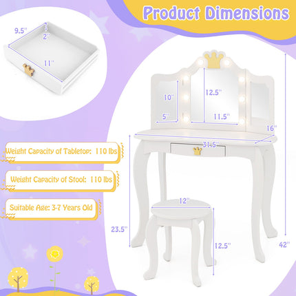 Kids Vanity Set with Tri-fold Lighted Mirror Detachable Top and Stool