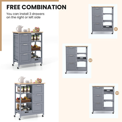 Kitchen Island Cart on Wheels with Rubber Wood Top and 3 Drawersand Removable Tray