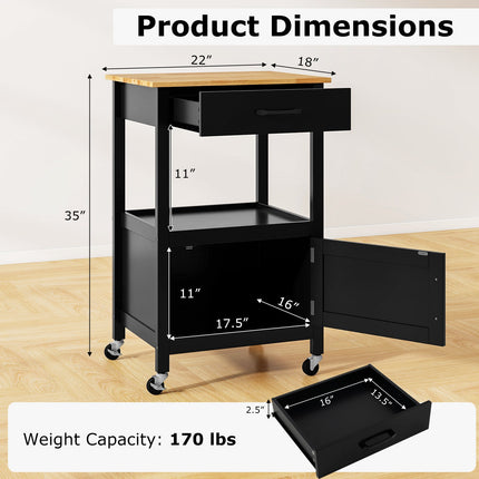 Rolling Kitchen Island Cart with Drawer and Side Hooks