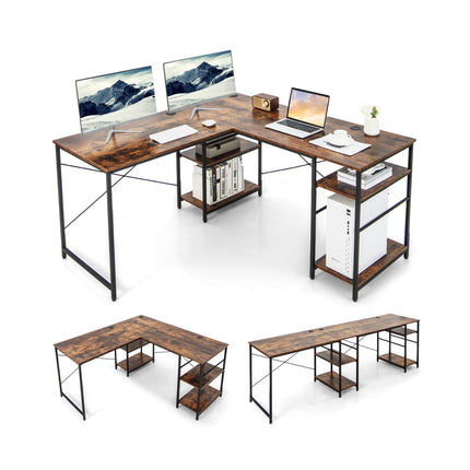 L Shaped Computer Desk with 4 Storage Shelves and Cable Holes