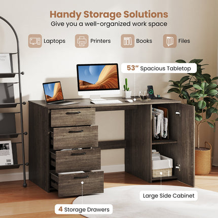 53 Inches Computer Desk with Power Outlets and 4 Storage Drawers