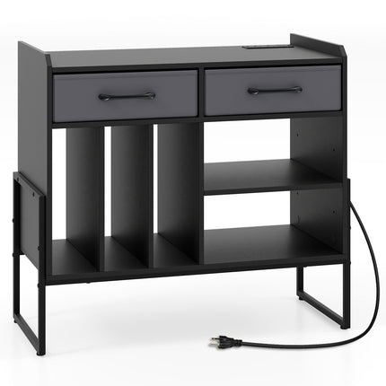 Large Record Player Stand with Charging Station Mid Century Modern Vinyl Storage Cabinet