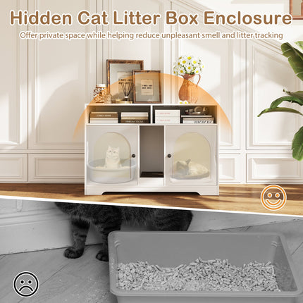 43 Inches Cat Litter Box Enclosure with Storage and Double Rooms-White