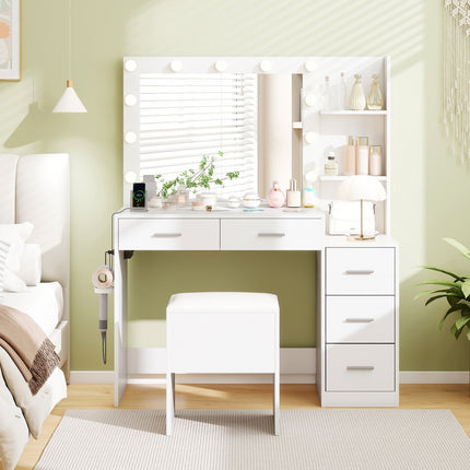 Makeup Table and Stool Set with Hair Dryer Stand-White