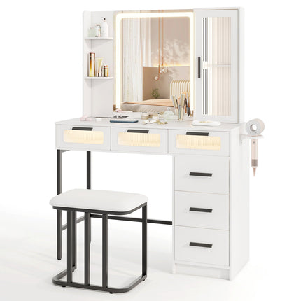 Makeup Vanity Desk with 3-Color Induction LED Lights and 6 Drawers-White