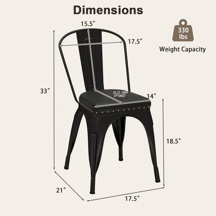 Metal Dining Chair Set of 4 Stackable Kitchen Chairs with Removable Backs and PU Leather Cushioned Seat-Black