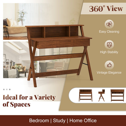 Mid Century Home Office Desk with 3 Storage Drawers and Monitor Stand-Oak