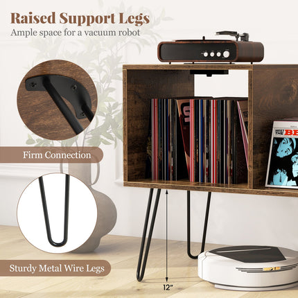 Mid-century Record Player Stand with Power Outlet and Vinyl Divider