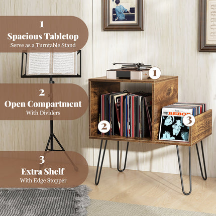 Mid-century Record Player Stand with Power Outlet and Vinyl Divider
