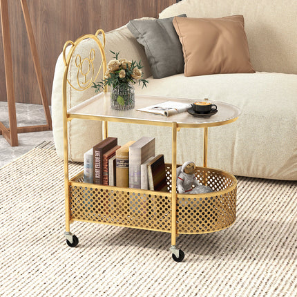 2-Tier Mobile Glass Coffee Table with Bear Pattern