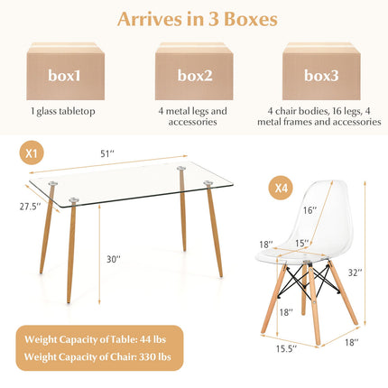 5 Pieces Rectangle Dining Table Set with 51 Inch Glass Tabletop