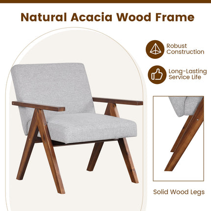 Modern Accent Chair Linen Fabric Armchair with Solid Acacia Wood Frame