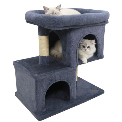 Modern Cat Tree Space-saving Cat Tower with Upholstered Perch and 2 Cat Condos