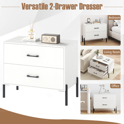 Modern Wooden 2-Drawer Nightstand with Metal Legs and Handles-White