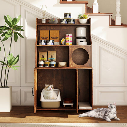 Modern Wooden Industrial Cat Litter Box Enclosure with Storage Shelves-Brown