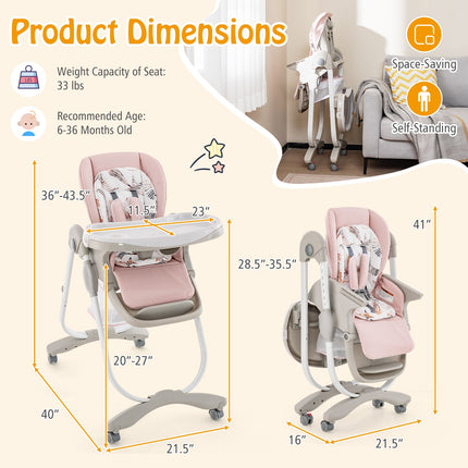 Multifunctional Folding Baby High Chair with Rolling Wheels and Adjustable Height