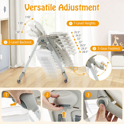 Multifunctional Folding Baby High Chair with Rolling Wheels and Adjustable Height