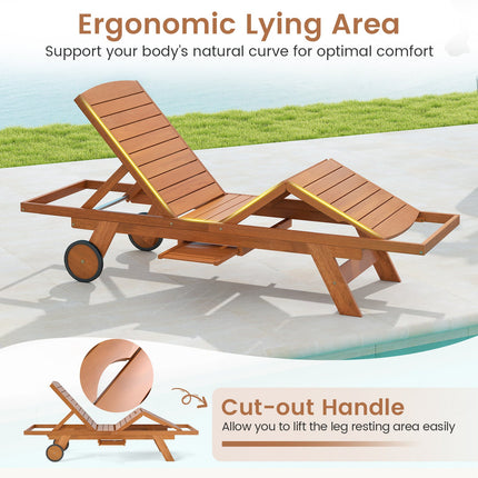 Outdoor Chaise Lounge Chair with Wheels 4-Position Patio Wood Recliner with Adjustable Backrest
