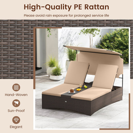 Outdoor Daybed with Adjustable Backrests 2-Person PE Rattan Patio Bed-Brown