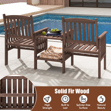 Outdoor Fir Wood Loveseat with 2-Tier Side Table and 1.96" Umbrella Hole