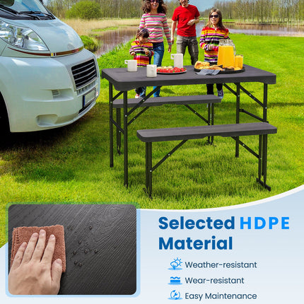 Outdoor Folding Table Bench Set w All-Weather HDPE Tabletop and Sturdy Metal Frame-Black