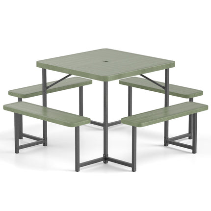 Outdoor Square Picnic Table Bench Set for 4-8 People with Umbrella Hole
