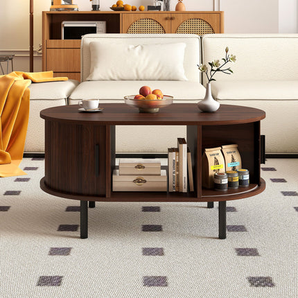 Oval Coffee Table with Open Compartment and Sector Shelves-Walnut