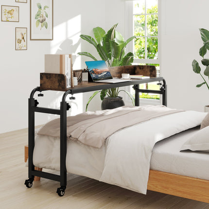 Overbed Desk with Wheels Queen Size Mobile Bed Desk with Adjustable Height-Brown