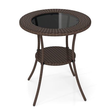 PE Wicker Patio Bistro Table Round with Tempered Glass Top and Shelf