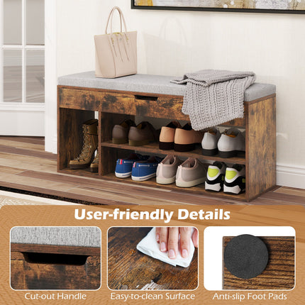 Padded Seat Shoe Bench with Hidden Storage and 3 Open Shelves