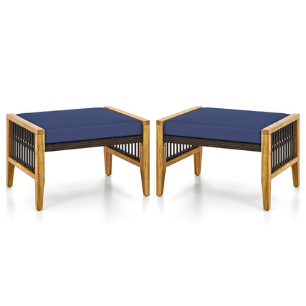 Patio Acacia Wood Ottomans with Cushions and Versatile Rattan Woven Footstools-Navy