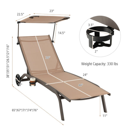 Patio Heavy-Duty Adjustable Chaise Lounge Chair with Canopy Cup holder and Wheels-Brown