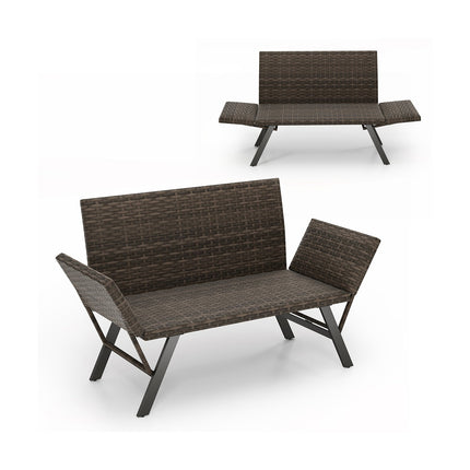 Patio Convertible Sofa for 2 Quick Dry Foam Padded Rattan with Armrests-Gray