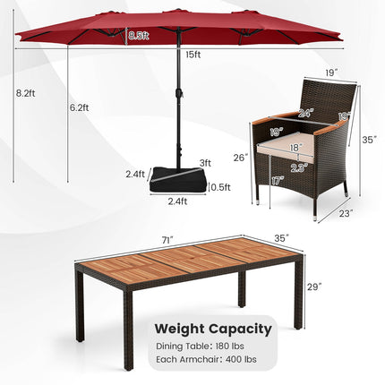 11 Pieces Patio Dining Set with 15 Feet Double-Sided Patio Umbrella and Base