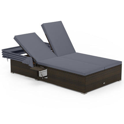 Patio Double Chaise Lounge with Shade Cushions and Folding Side Trays