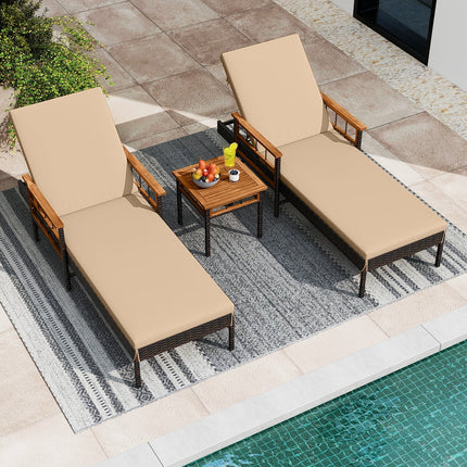 Patio Rattan Chaise Lounge with Side Table and Adjustable Backrest-Beige