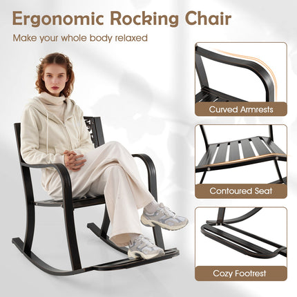 Patio Rocking Chair with Footrest and Curved Armrests-Brown