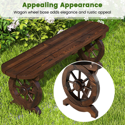 Patio Rustic Wood Bench with Wagon Wheel Base