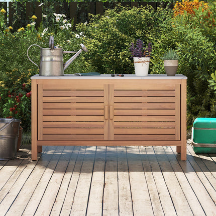 Patio Storage Cabinet 2-Door Acacia Wood Storage Container with Faux Marble Top