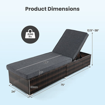 Patio Wicker Lounge Chair with 4-level Backrest and Long Seat Cushion-Brown