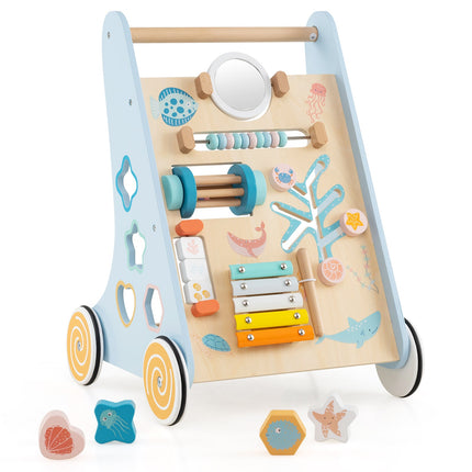 Wooden Baby Walker Push and Pull Learning Activity Center with Wheels-Blue