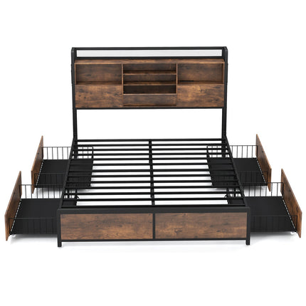 Full/Queen Size Bed Frame with Bookcase Headboard and 4 Storage Drawers