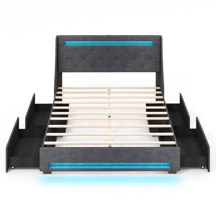 Queen Size Upholstered Platform Bed Frame with LED Lights and Charging Station-Grey