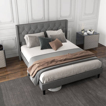 Full/Queen Size Upholstered Platform Bed with Button Tufted Headboard