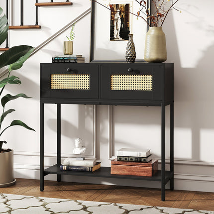 Rattan Console Table Boho Entryway Table with 2 Rattan Drawers and Open Storage Shelf