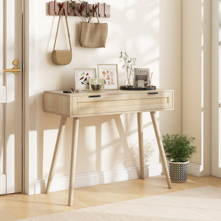 Rattan Console Table with Pull-out Drawer Boho Style Entryway Table-Natural